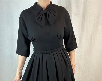 50s Black Wool Dress with Bow Detail, Three Quarter Length Sleeves, Seamstress made, Belt