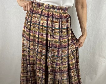 Liz Claiborne Skirt, Midi length, Printed Silk, Merlot, Green, Tan, Black, 90s