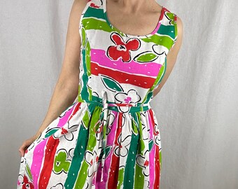 Malia Sleeveless Hawaiian Dress, Midi Length, Abstract, Floral, 60s70s