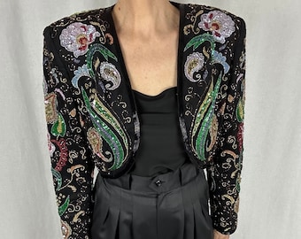 Sequin and Beaded Bolero Jacket, Fully Lined, 80s90s, Chi's by Chi Shing, Shoulder Drama, Floral, Paisley