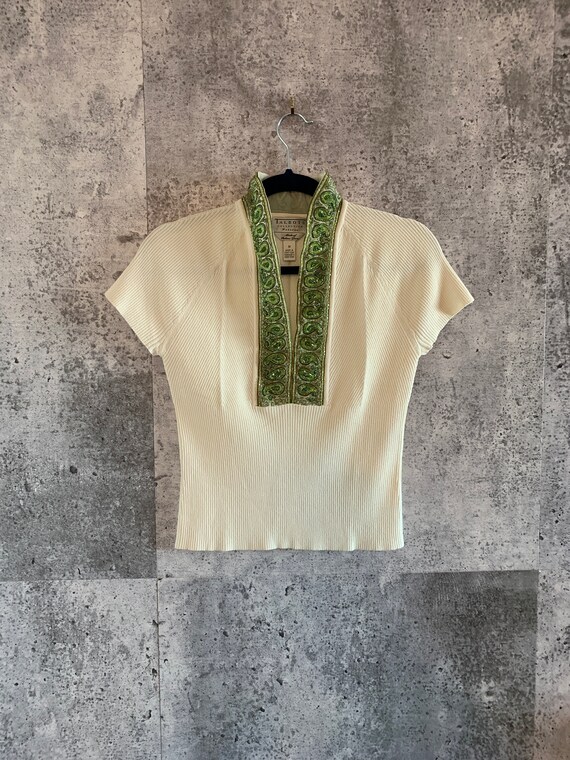 Vintage Talbots Cream with Green Beaded Neckline S