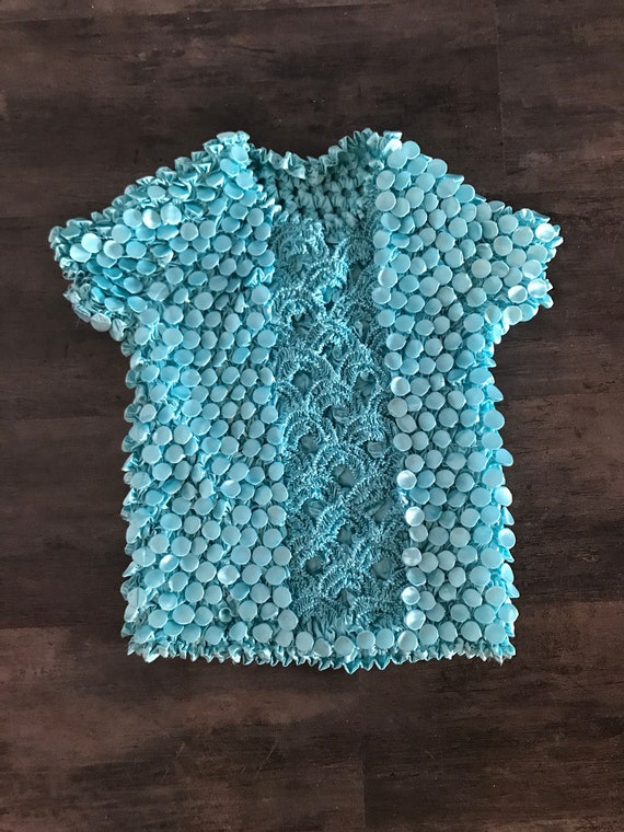 Vintage Scrunchie Popcorn Top/Cap Sleeve/Light Blu