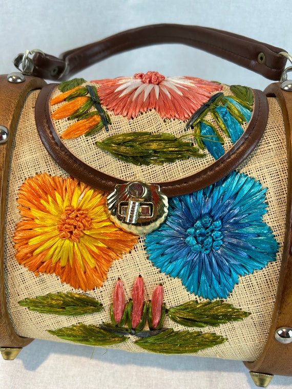 Wooden Sided Handbag with Raffia Floral details, … - image 2