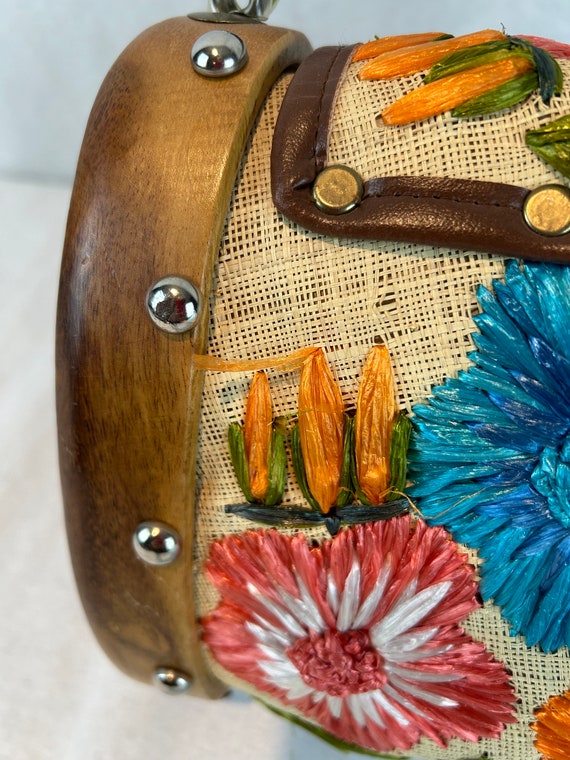 Wooden Sided Handbag with Raffia Floral details, … - image 5