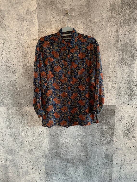 Vintage 90/'s Liz Claiborne Semi-Sheer Red and Black Geometric Print on White Backgrund Long Sleeved Blouse Bust 37 Waist 36