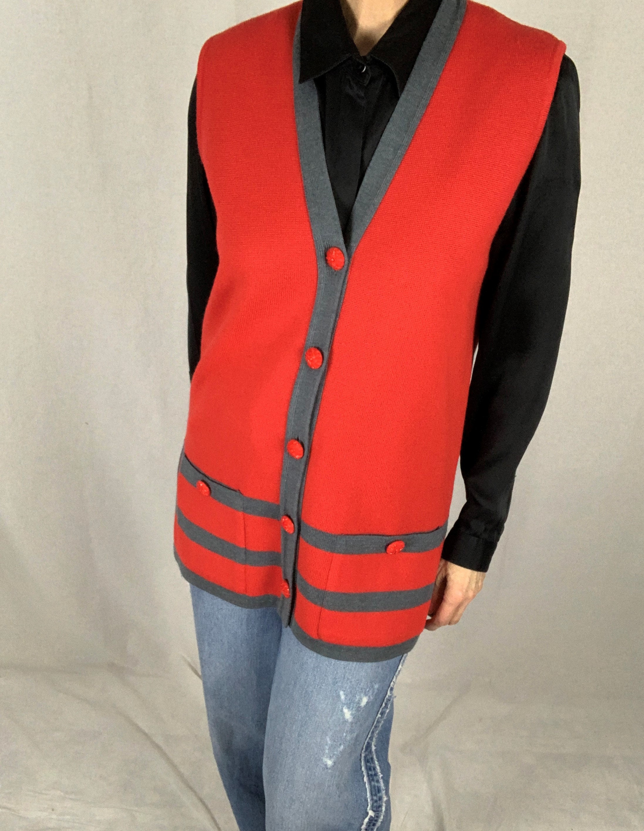 Long Line Sweater Vest, Button Front, Red With Horizontal Grey 