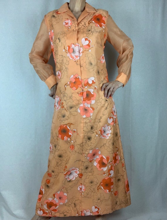 70s Alfred Shaheen Maxi Dress, Pale Orange Floral… - image 2