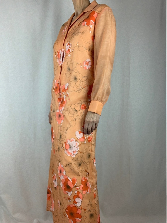 70s Alfred Shaheen Maxi Dress, Pale Orange Floral… - image 1