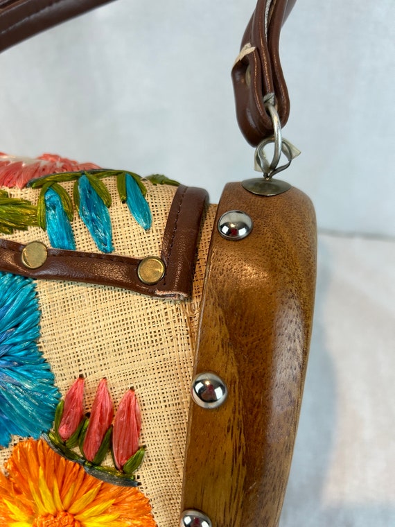 Wooden Sided Handbag with Raffia Floral details, … - image 4