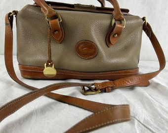 Dooney & Bourke Taupe and Tan Leather, Doctor Bag, Made in USA, Pebbled Leather, Brass clasp closure, 70s80s90s