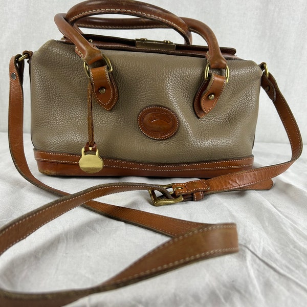 Dooney & Bourke Taupe and Tan Leather, Doctor Bag, Made in USA, Pebbled Leather, Brass clasp closure, 70s80s90s