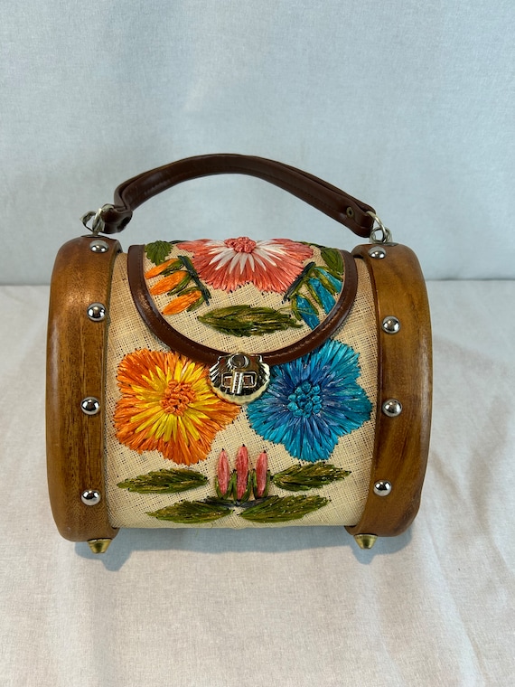Wooden Sided Handbag with Raffia Floral details, … - image 1