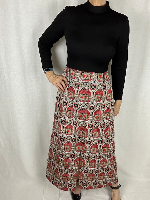 60s70s Hostess Dress, Maxi Length, Printed Metalli