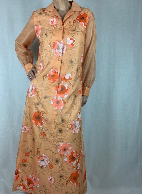 70s Alfred Shaheen Maxi Dress, Pale Orange Floral… - image 4