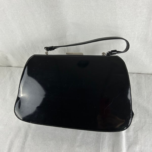 Oversized Black Patent Leather 50s60s top handle handbag, Silver tone frame and clasp closure