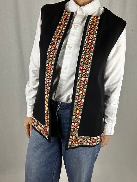 R&K Knits black knit vest with Ikat trim in red, … - image 4
