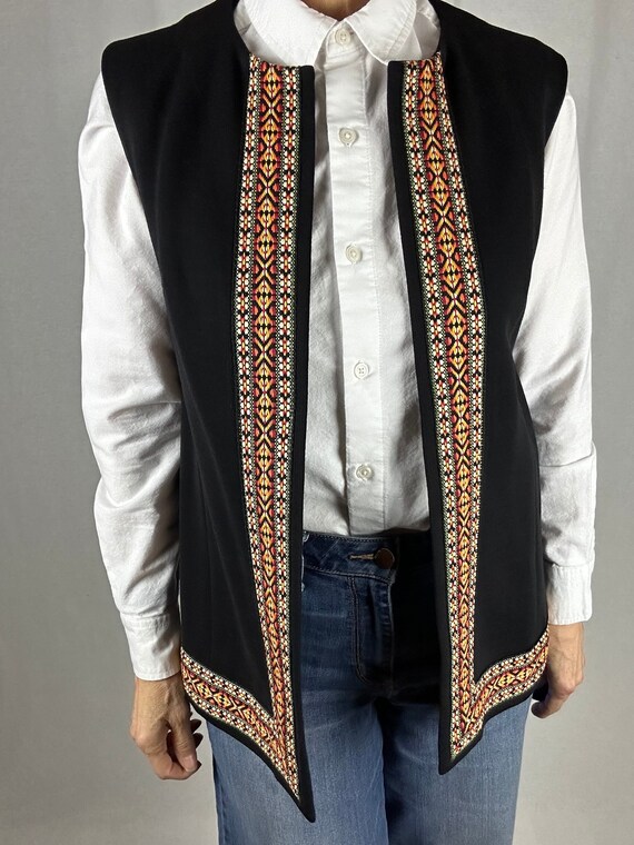 R&K Knits black knit vest with Ikat trim in red, … - image 1
