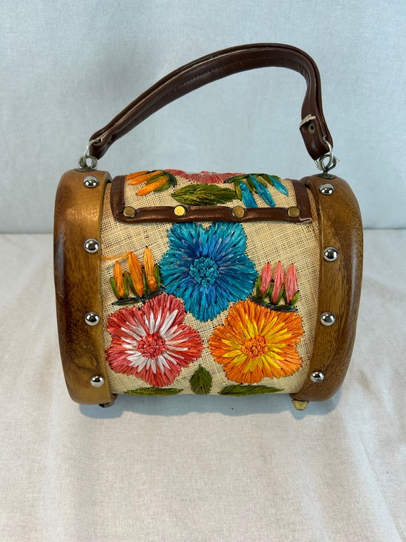 Wooden Sided Handbag with Raffia Floral details, … - image 3