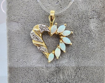 Vintage 14k Gold Opal Diamond Heart Pendant