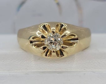 Vintage estate 14k yellow gold belcher .55ct old mine cut I1/J diamond solitaire mens ring. Size 10.25, 9.40 grams