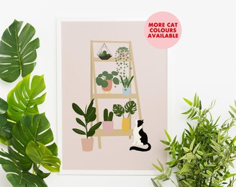 House Plants And Cat Print | Cat Plant Lovers | Unframed A6/A5/A4/A3 Print | Botanical Wall Art House Plant Decor