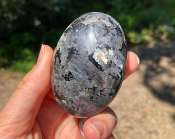 Black Larvikite Crystal Palm Stone