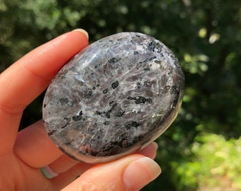 Black Larvikite Crystal Palm Stone