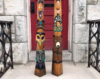 Pair of Vintage Hand Carved Indigenous Totem Poles