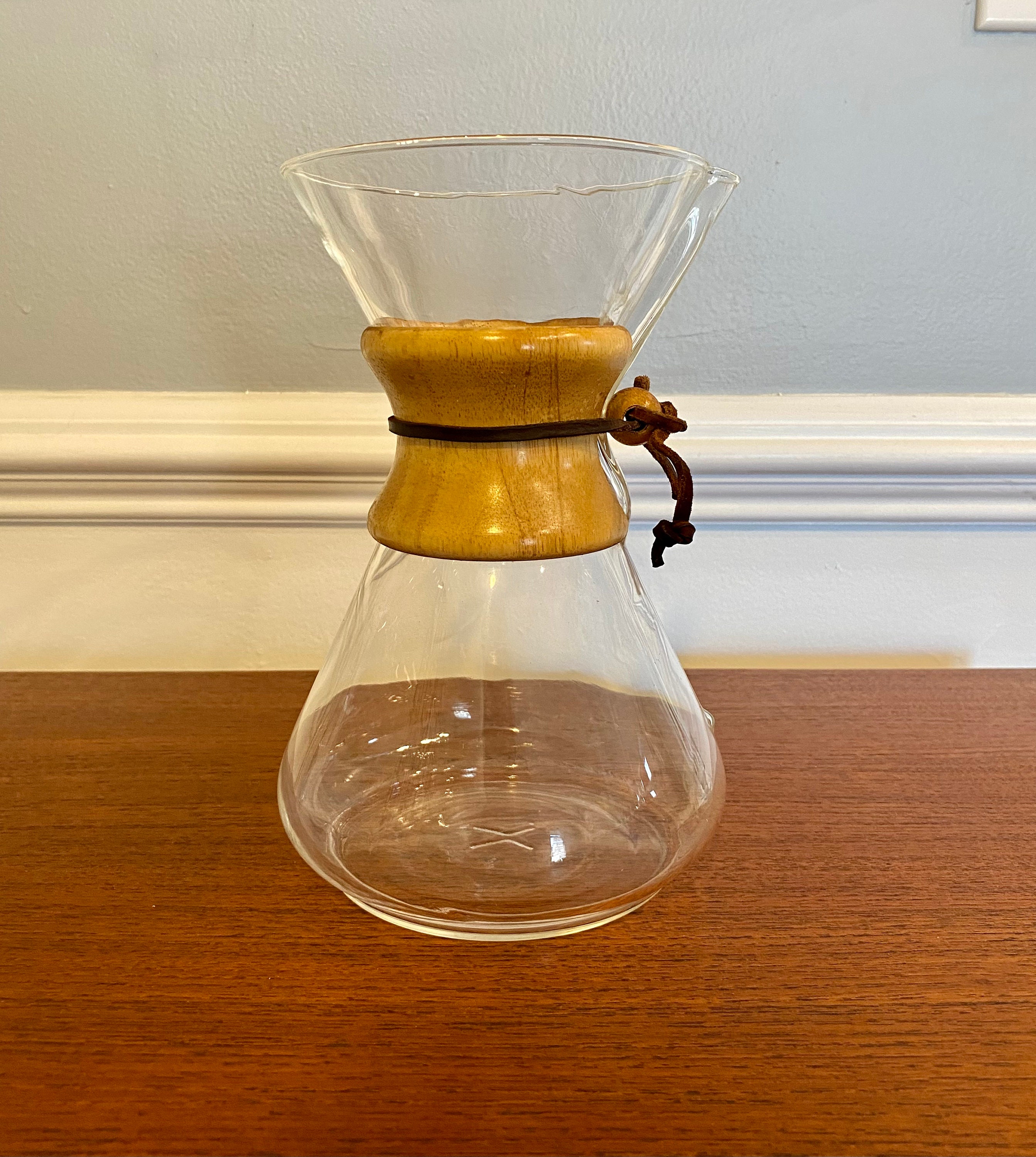 Vintage Chemex Pour Over Coffee Maker Pyrex Glass Wood Collar 9.5 Green  Stamp