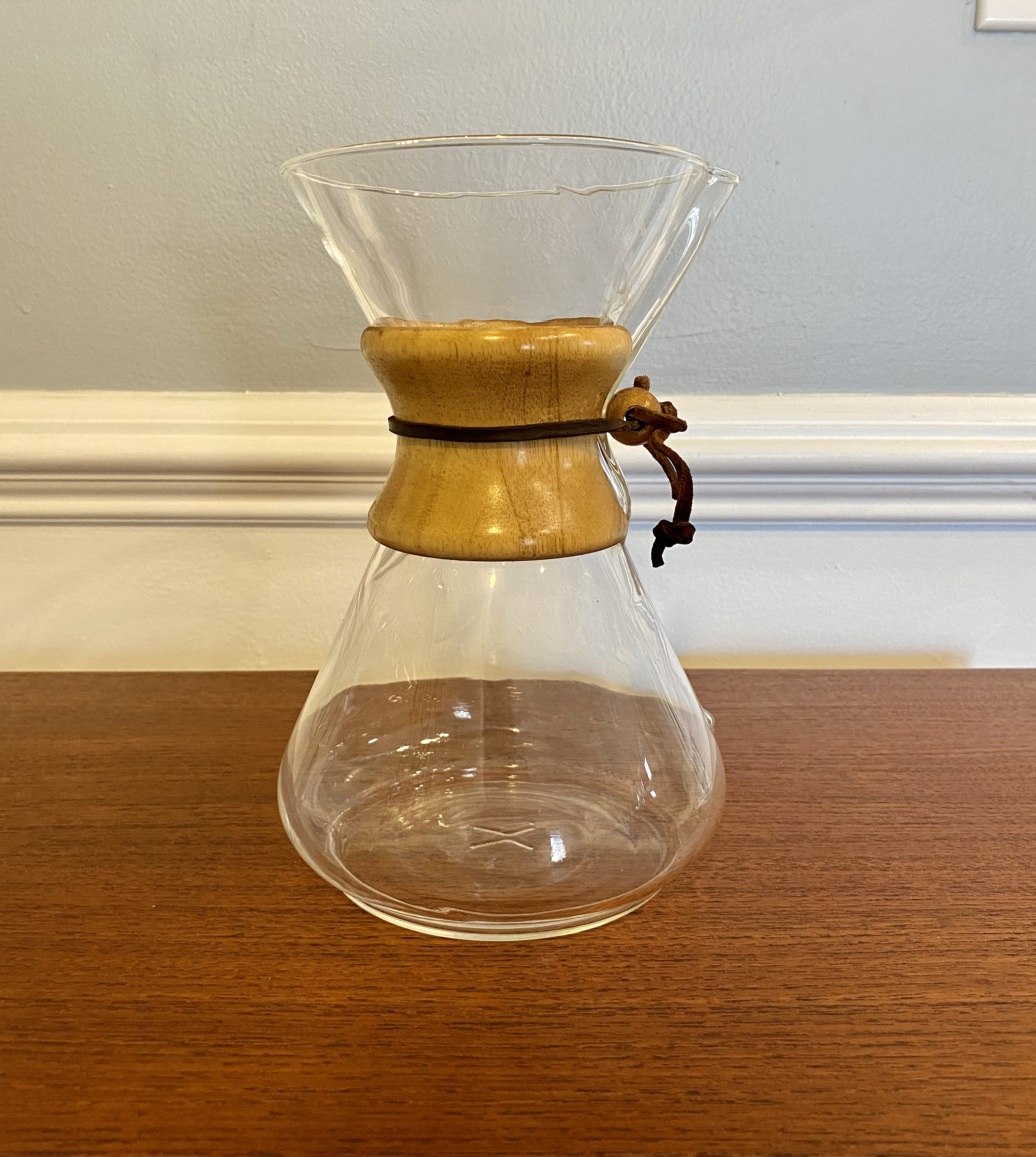 Vintage Chemex Pour Over Coffee Maker Pyrex Glass Wood Collar 9.5 Green  Stamp