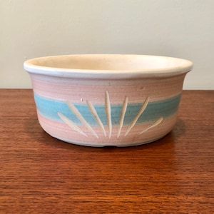 May include: A ceramic bowl with a light pink and blue striped design. The bowl has a white rim and etched sunburst pattern. The bowl is sitting on a wooden surface.
