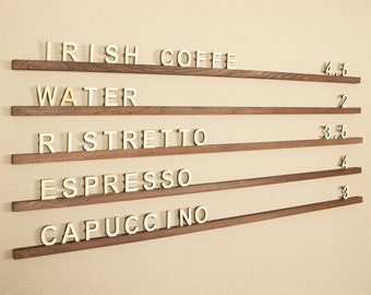 Wall Mounted Menu Rails with Changeable Letters, Wood Wall Menu Board, Cafe Wooden Letter Board, Coffee Shop Menu, Changeable Letter Board