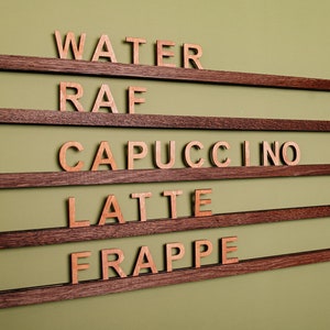 Letter Ledges Set, Wood Wall Menu Changeable Letter Board, Hanging Cafe Menu Sign, Oak Menu Board, Cafe Menu Holder, Chalkboard menu