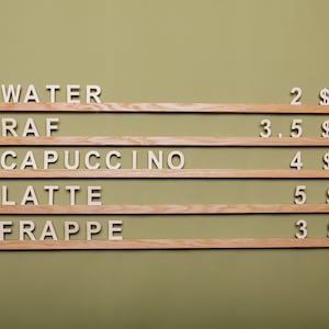 Quadro de letras mutável, quadro de mensagens de carvalho, quadro de letras de madeira, suporte de menu de café, menu de padeiro, sinal de bar de café, sinal de menu de café suspenso