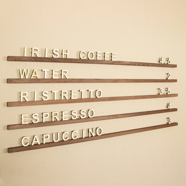 Wall Mounted Menu Rails with Changeable Letters, Wood Wall Menu Board, Cafe Wooden Letter Board, Coffee Shop Menu, Changeable Letter Board image 1