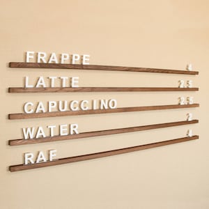 Tablero de menú, menú de pared, tablero de letras intercambiables, tablero de menú de roble, soporte para menú de cafetería, menú de madera, letrero colgante para menú de cafetería, juego de repisas para letras