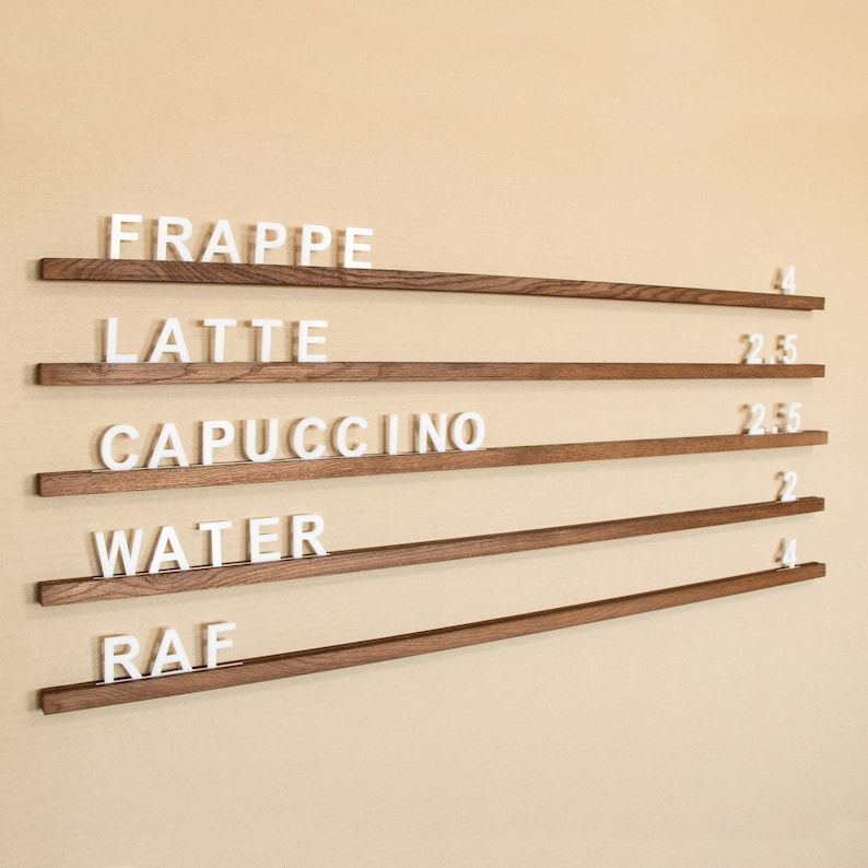 Menu Board, Wall menu, Changeable Letter Board, Oak Menu Board, Cafe Menu Holder, Wooden Menu, Hanging Cafe Menu Sign, Letter Ledges Set image 1