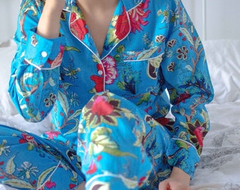 Luxury Women's 100% Cotton Cosy Ocean Blue Botanical Floral Print Pyjamas - Matching Two-Piece PJ Set - Long Sleeve Set - Spring/Summer