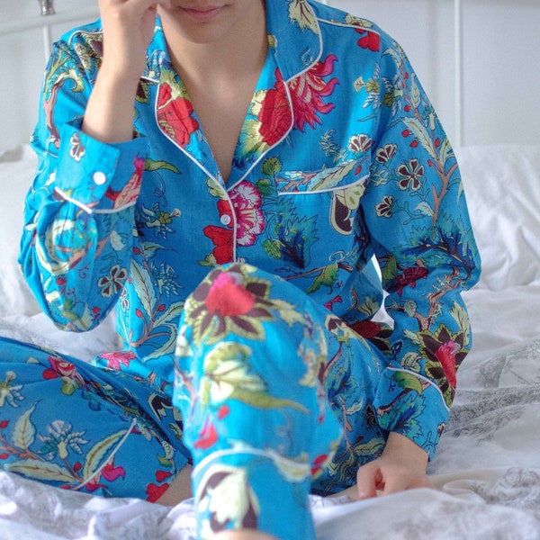 Luxury Women's 100% Cotton Cosy Ocean Blue Botanical Floral Print Pyjamas - Matching Two-Piece PJ Set - Long Sleeve Set - Spring/Summer