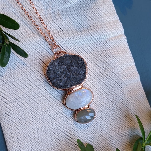 Amethyst Druzy, Rainbow Moonstone and White Sapphire Necklace | Electroformed Copper | Bohemian Necklace | RJCRecklessJewelryCo
