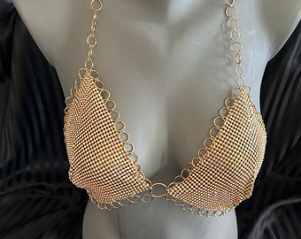 gold crystal and circle chain bra