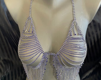 stunning blue crystal tassel bra