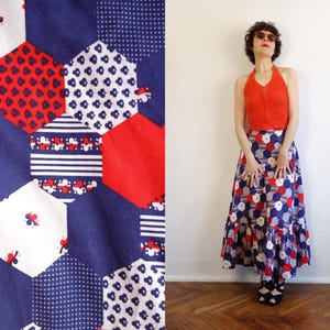 Vintage 70's Patchwork Maxi Skirt, Ruffled Hem, Boho Cotton A-Line