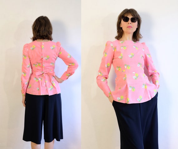 Vintage 70's Candy Pink Blouse/Floral Check Patte… - image 5
