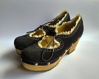 Black Suede Clogs Shoes/Wooden Heels Platform Shoes/Lace and Rivets Clogs, Platform Clogs, Laces Clogs, Size UK 6/EU 39/US 8