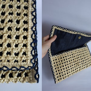 Vintage 70s Rattan Clutch/Woven Handbag/Soft Rattan Purse Bag/Makeup Bag/Beige Blue Rattan Hand Bag/Natural Woven Rattan Bag