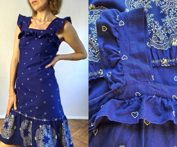 70's Vintage Indigo Midi Sundress/Apron Summer Dr… - image 3