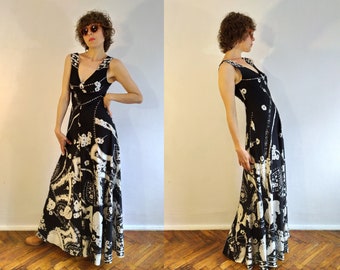 VTG 70's Maxi Dress/Black & White Floral Pattern Dress/Sexy Deep-V Sleeveless Empire Dress/Monochrome Gown, Open Back Party Dress, M size