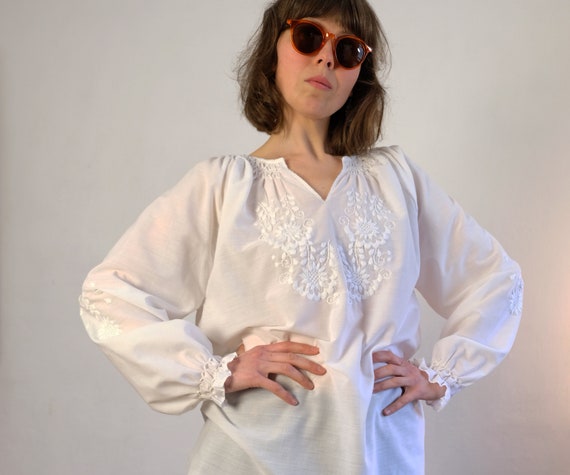 Vintage White Embroidered Blouse, Floral Hand Emb… - image 1