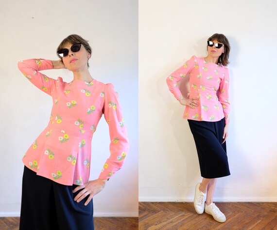 Vintage 70's Candy Pink Blouse/Floral Check Patte… - image 10